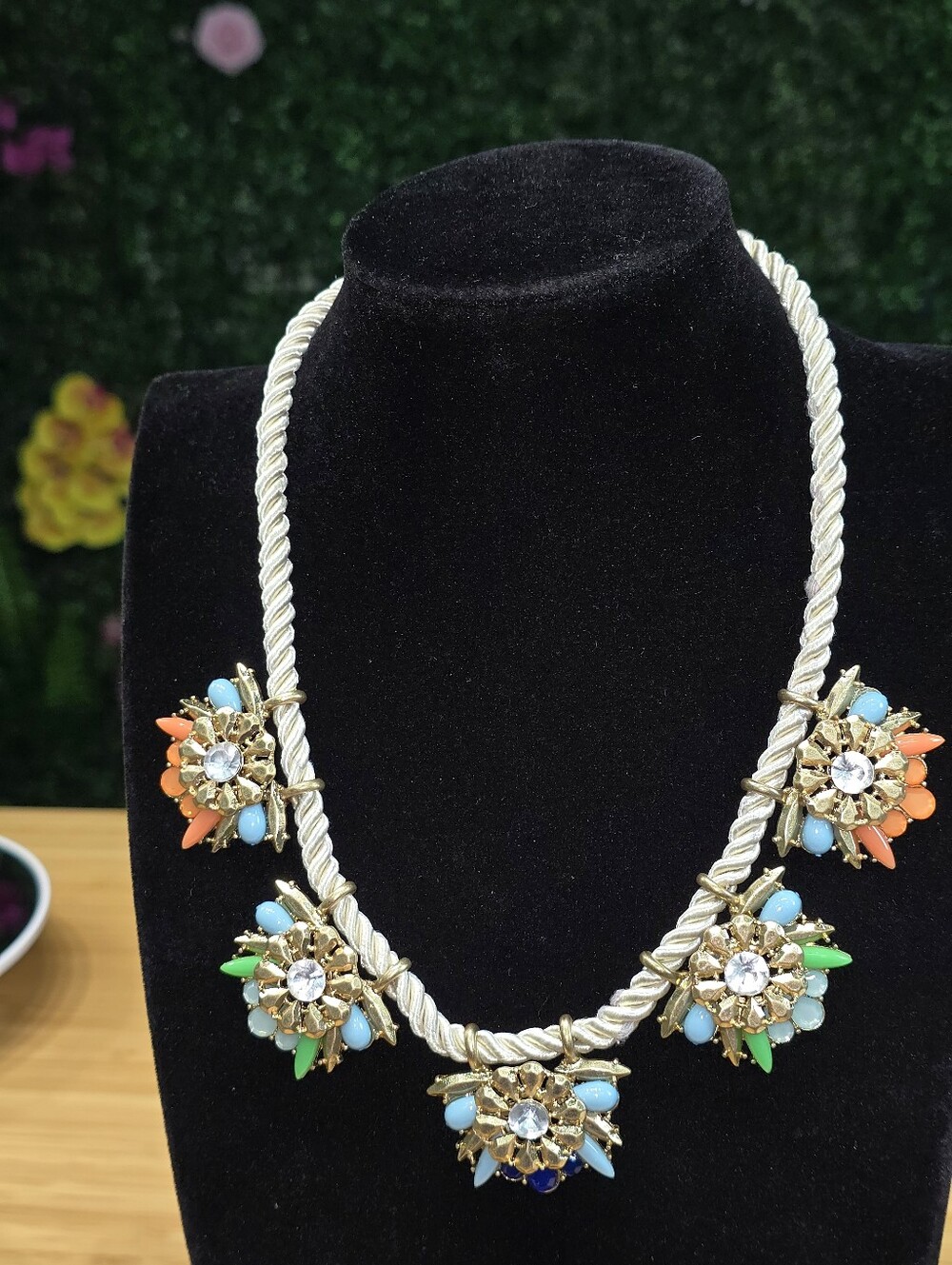 Multicolor Floral Statement Necklace - Gold Tone
